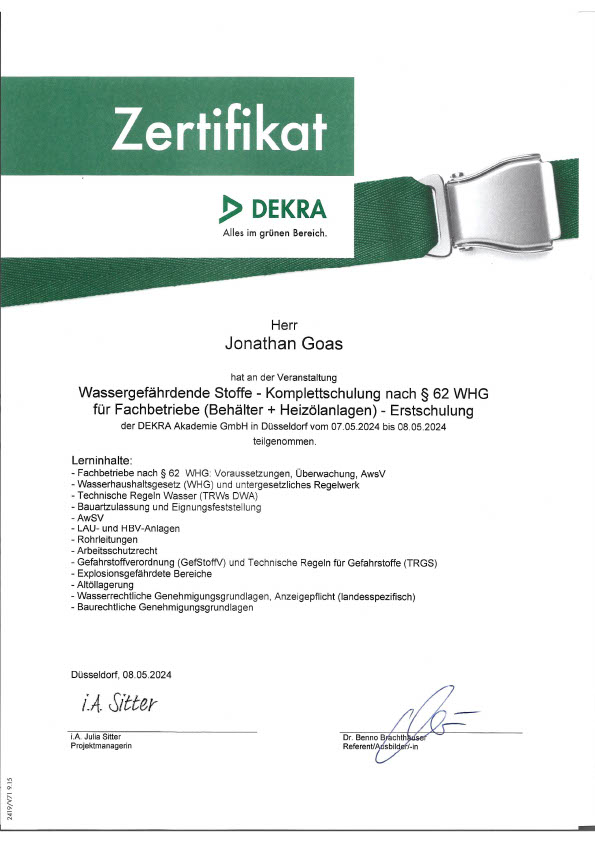 Zertifikat der DEKRA für Herr Jonathan Goas über eine Schulung zu wassergefährdenden Stoffen.